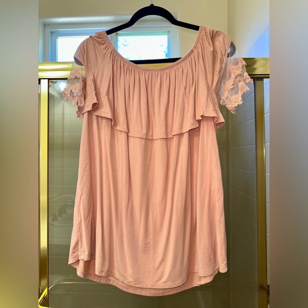 Two Way Short Sleeve Ruffle Off Shoulder Solid Top - Picture 2 of 3